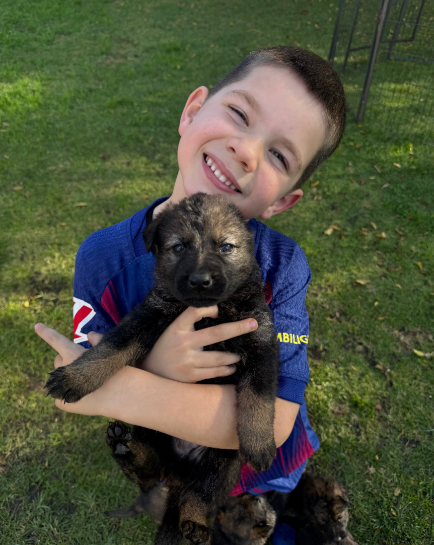 A smiling young boy in a blue jersey holds a small black and tan puppy outdoors on a grassy lawn.