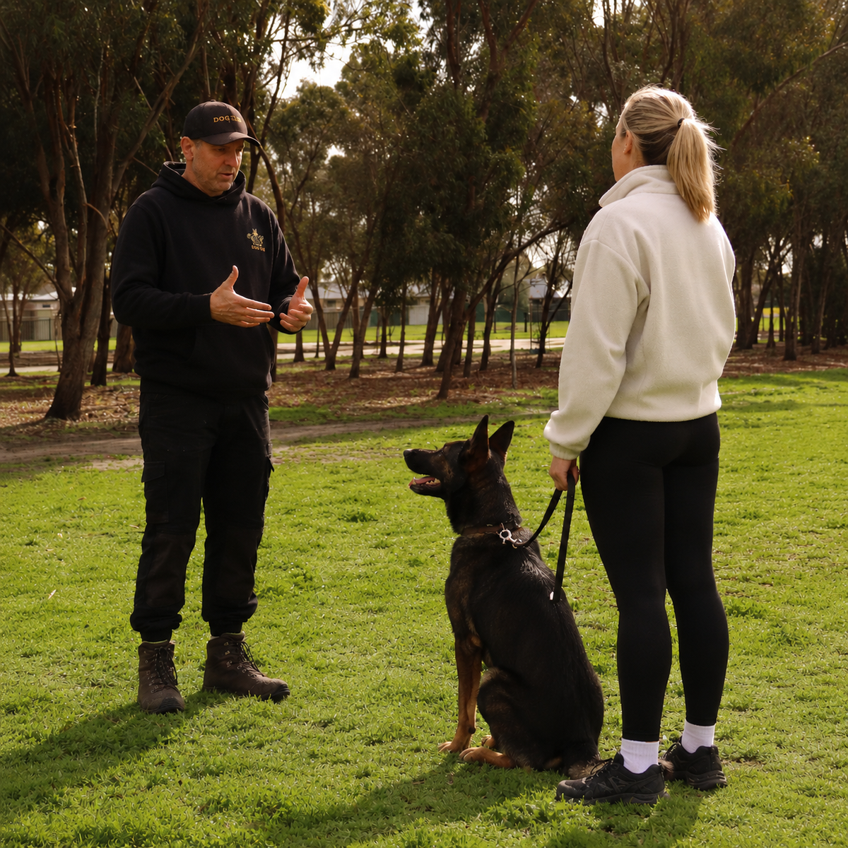 A man in black clothing and a woman in a white jumper and black leggings are standing on a grassy park lawn with a black and tan dog sitting beside them.