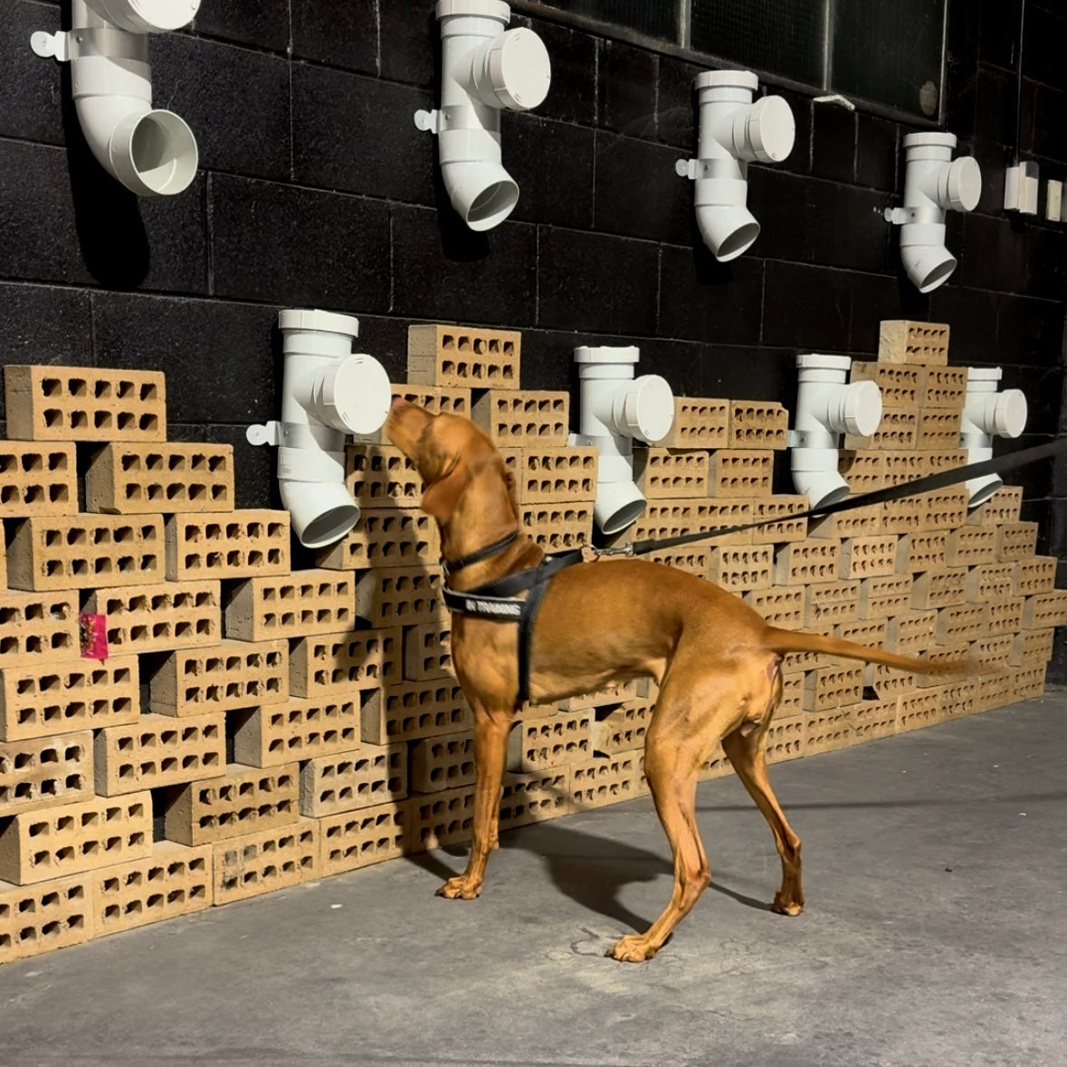 Dog smelling bricks and pipes on a wall sniffing to locate a planted item