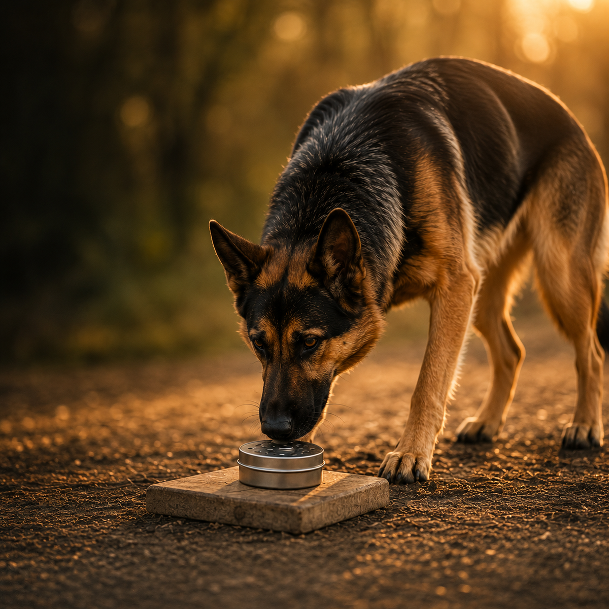 German Shepherd sniffing a metal disc on a wooden platform in a natural setting.