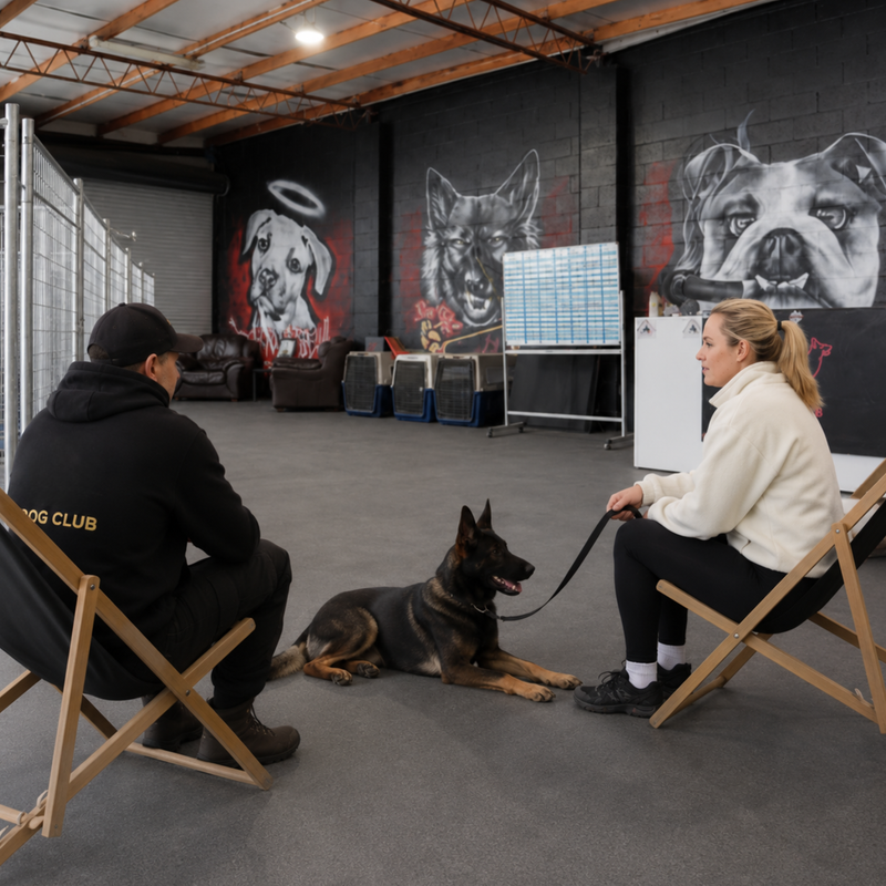 A dog sits on a leash between two people seated in folding chairs inside a large indoor training space. The room has dark walls with large dog graffiti murals, a screen, and dog crates in the background.