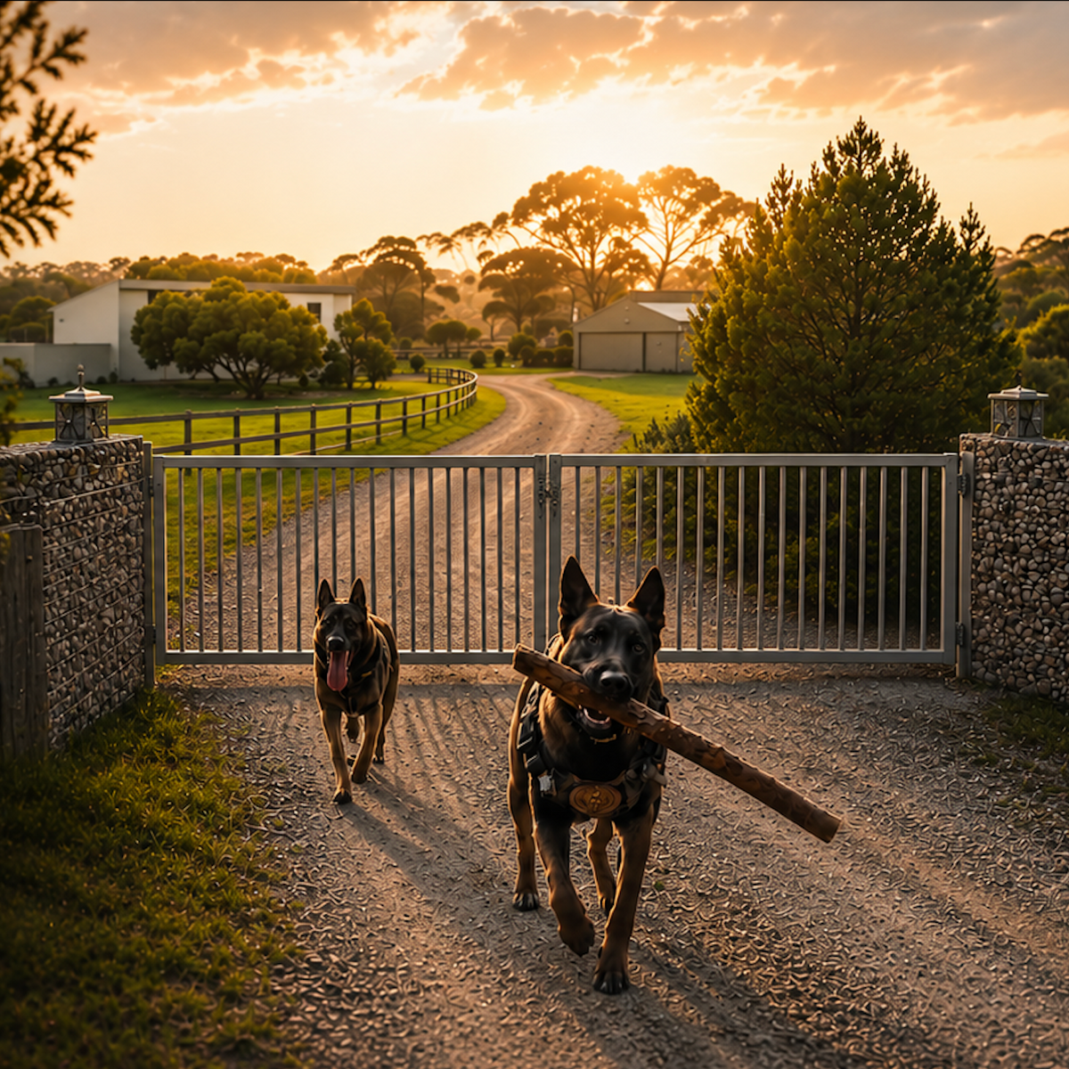 Two dogs on a dirt road with one carrying a stick, surrounded by trees and a sunset.