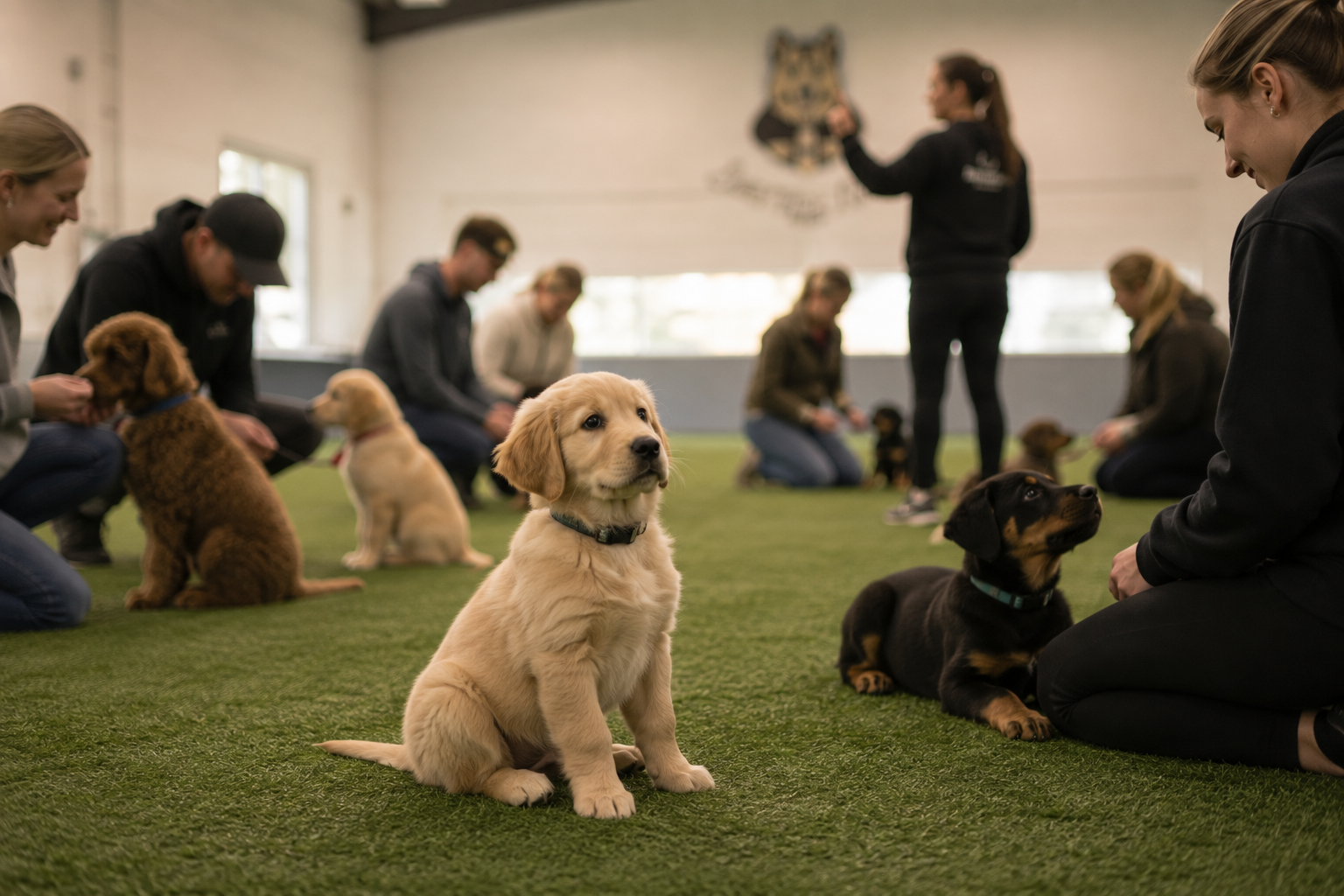 A golden retriever puppy sits attentively on green artificial turf inside a training facility, surrounded by people and other dogs, including a Rottweiler dog lying on the turf.